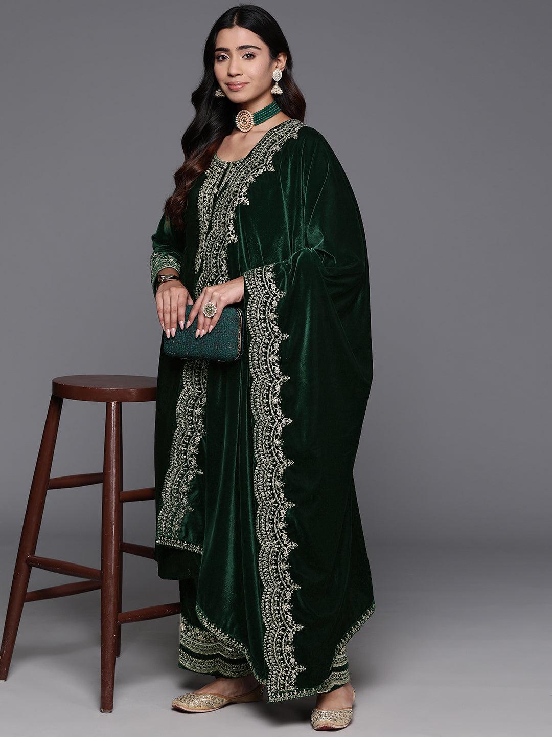 Green Yoke Design Velvet A-Line Kurta With Palazzos & Dupatta - Jashvi