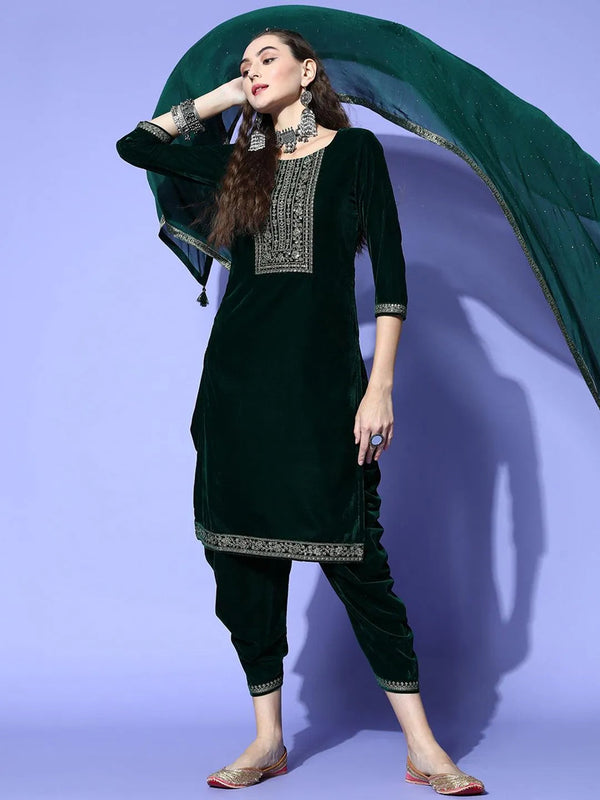 Green Yoke Design Velvet Straight Suit Set - Jashvi