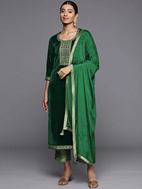 Green Yoke Design Velvet Straight Suit Set - Jashvi