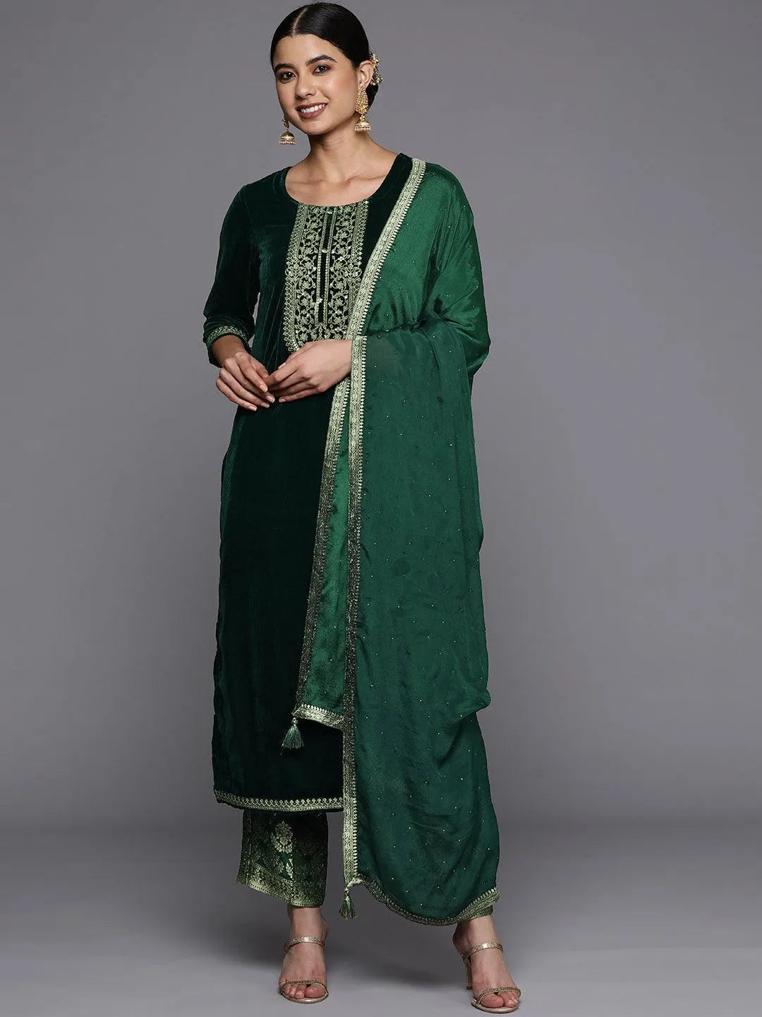 Green Yoke Design Velvet Straight Suit Set - Jashvi