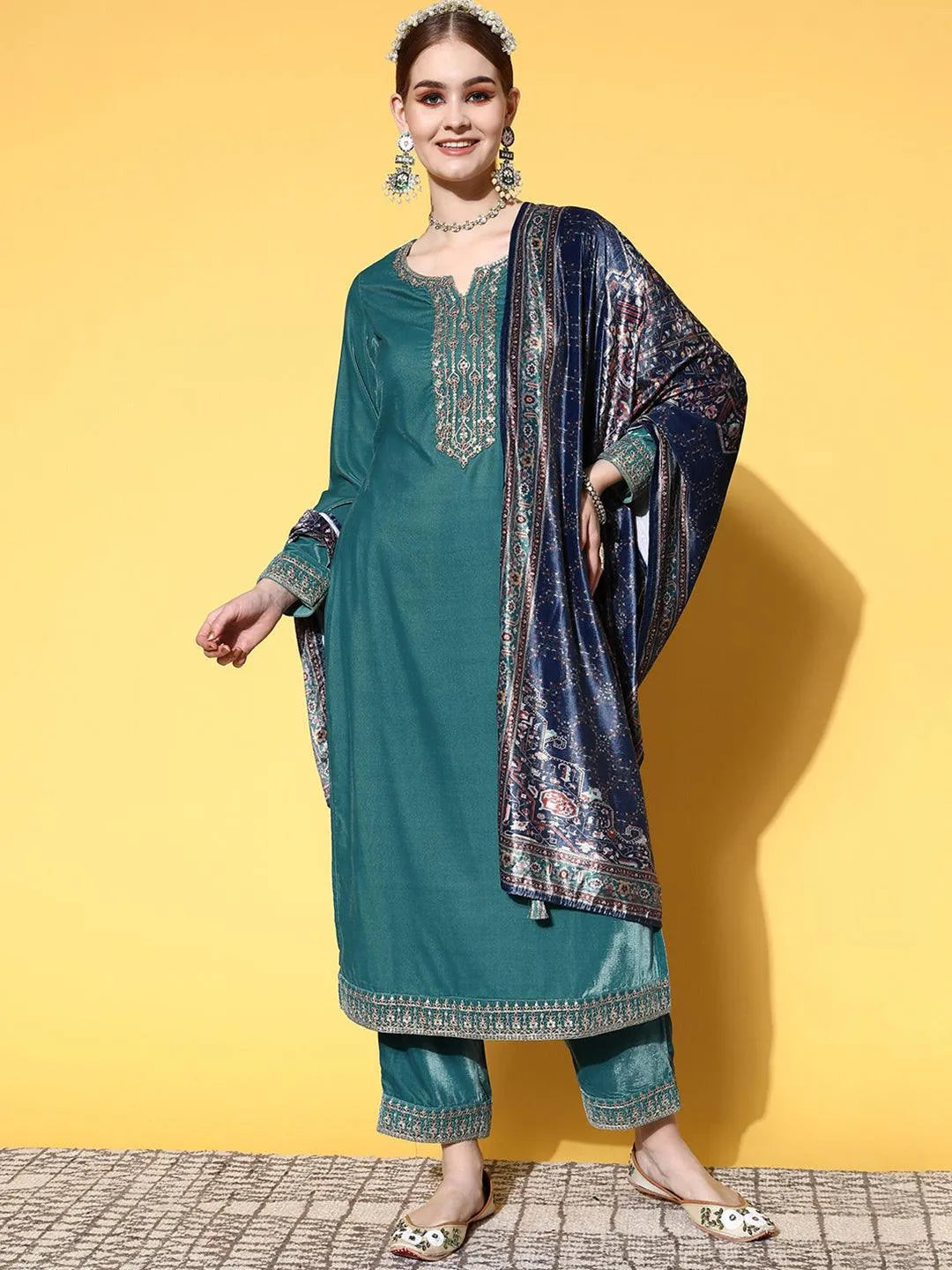 Green Yoke Design Velvet Straight Suit Set - Jashvi