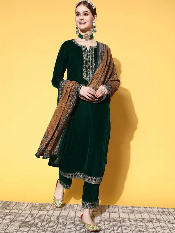 Green Yoke Design Velvet Straight Suit Set - Jashvi