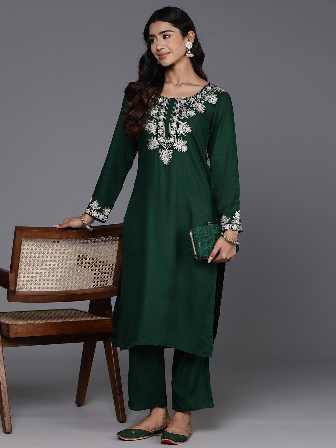 Green Yoke Design Wool Blend Straight Kurta With Trousers - Jashvi