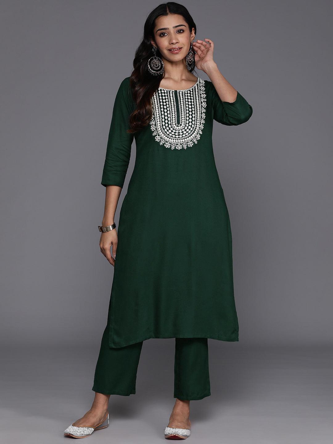 Green Yoke Design Wool Blend Straight Kurta With Trousers - Jashvi