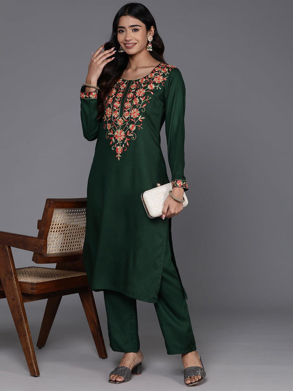 Green Yoke Design Wool Blend Straight Kurta With Trousers - Jashvi