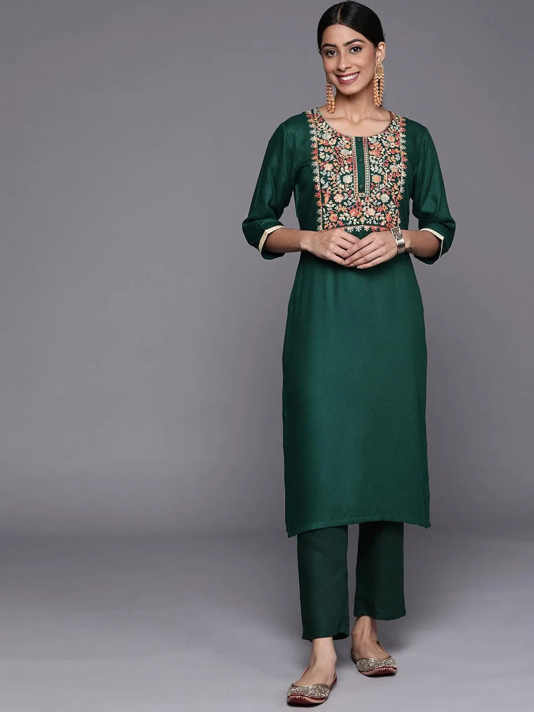 Green Yoke Design Wool Straight Kurta - Jashvi