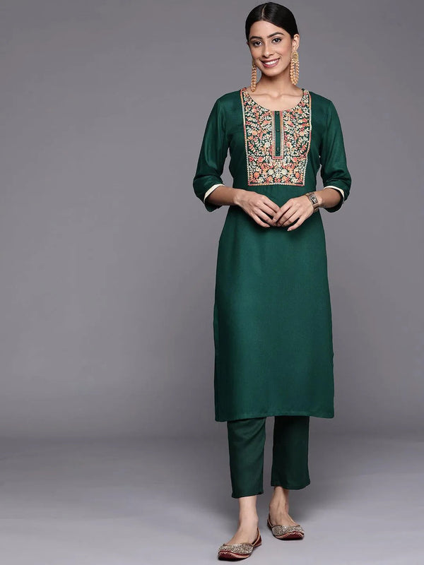 Green Yoke Design Wool Straight Kurta - Jashvi