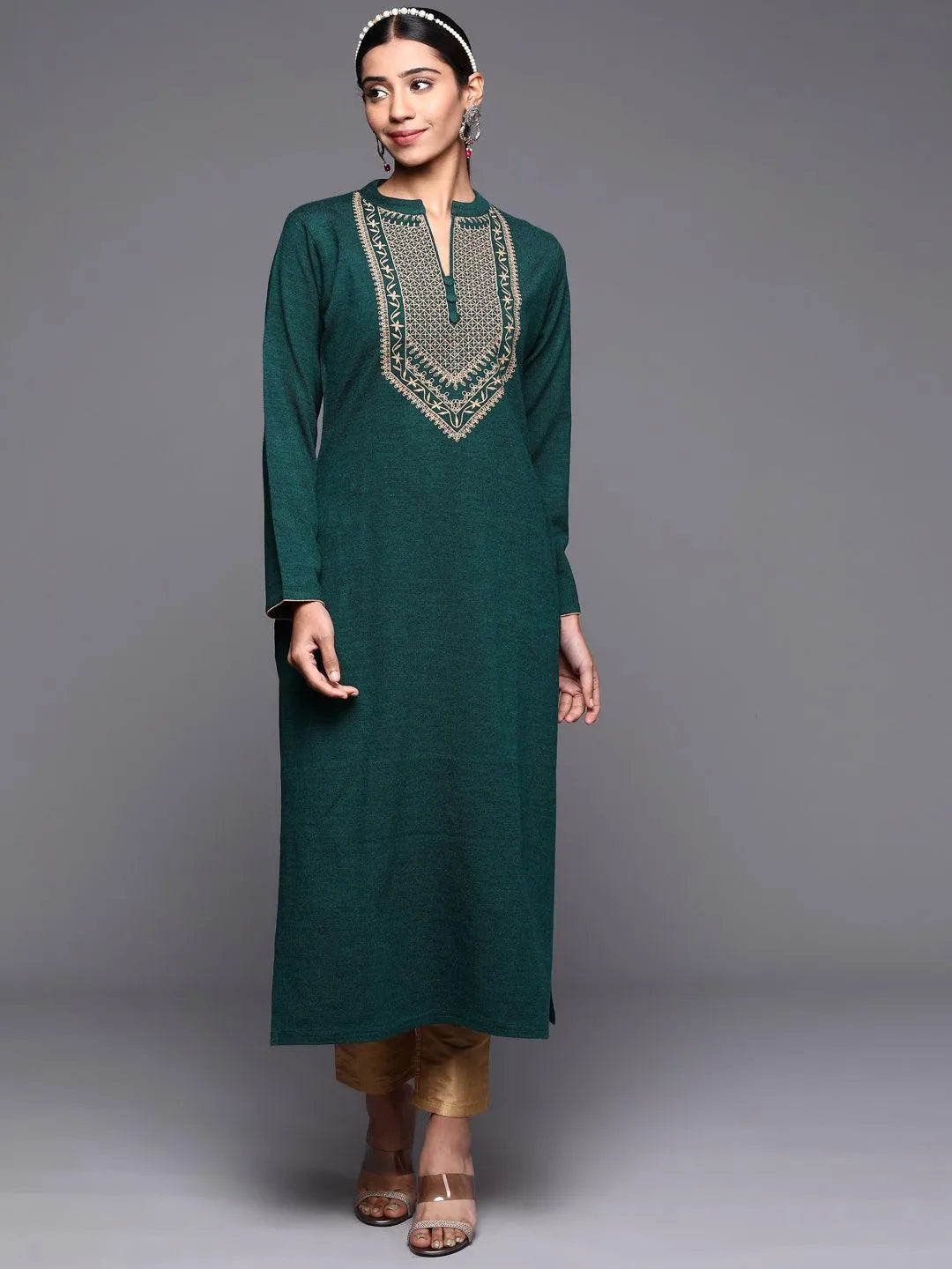 Green Yoke Design Wool Straight Kurta - Jashvi