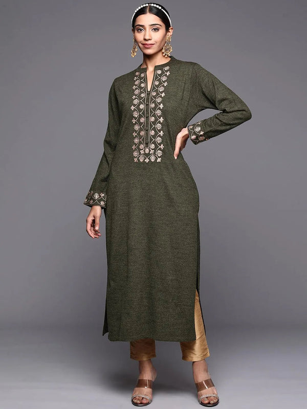 Green Yoke Design Wool Straight Kurta - Jashvi