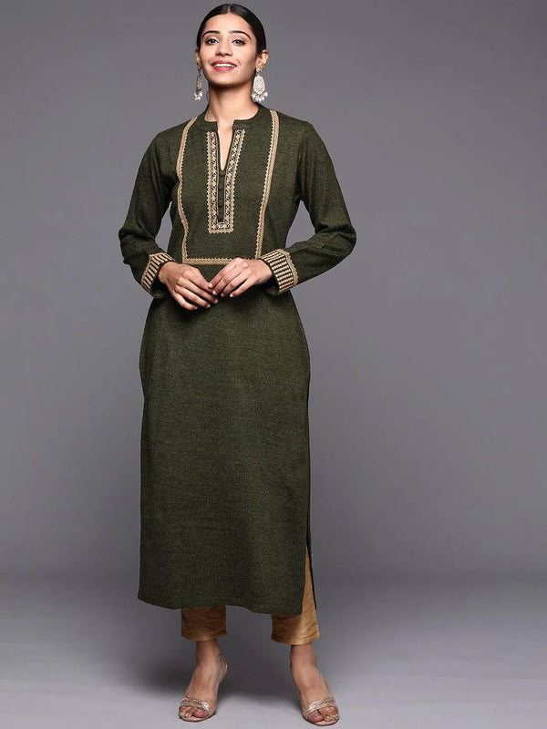 Green Yoke Design Wool Straight Kurta - Jashvi