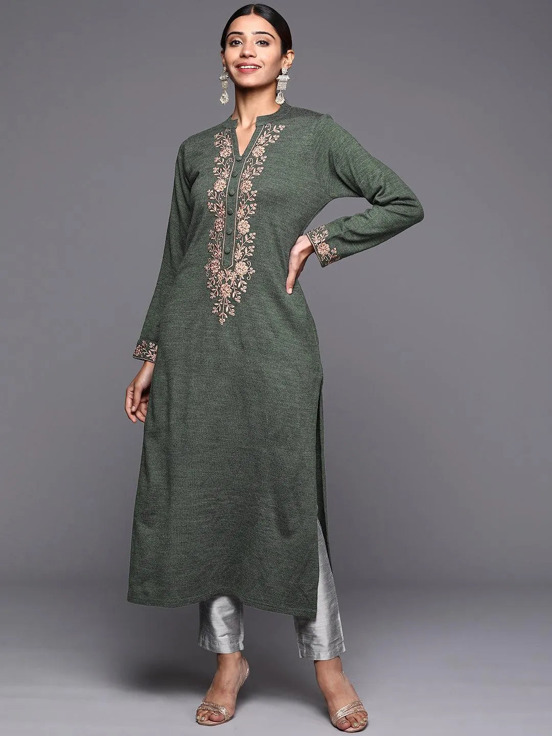 Green Yoke Design Wool Straight Kurta - Jashvi