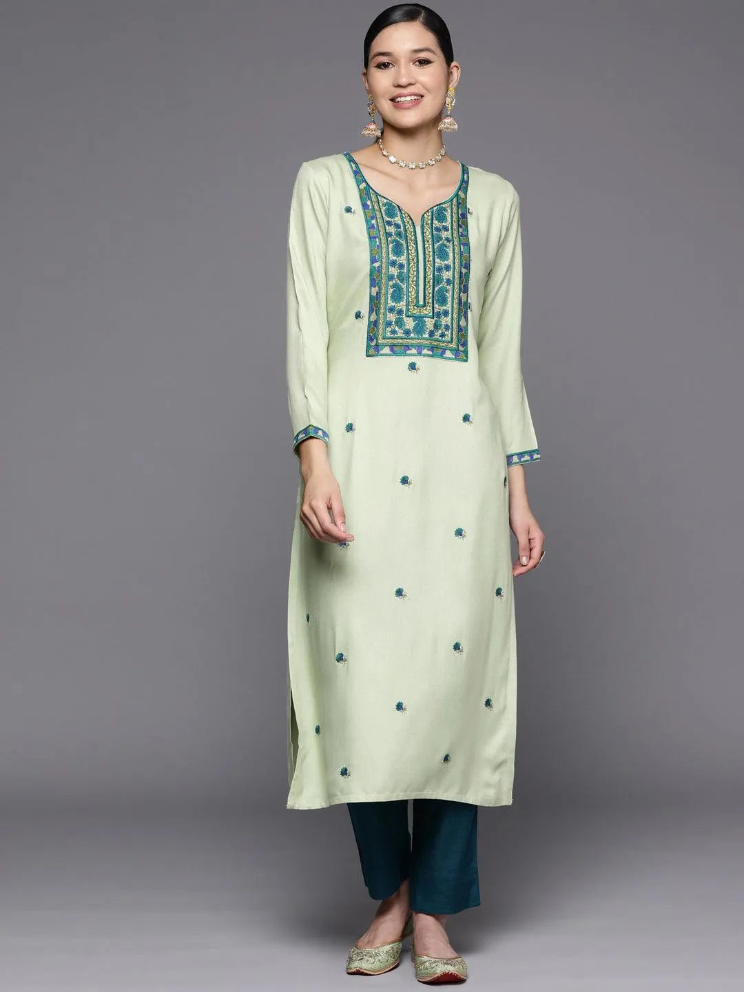 Green Yoke Design Wool Straight Kurta - Jashvi