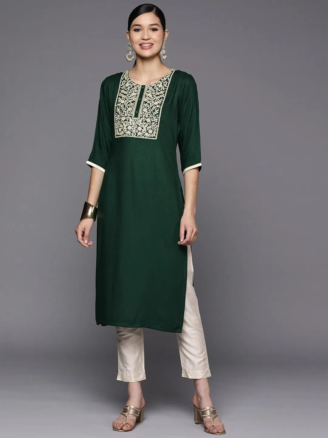 Green Yoke Design Wool Straight Kurta - Jashvi