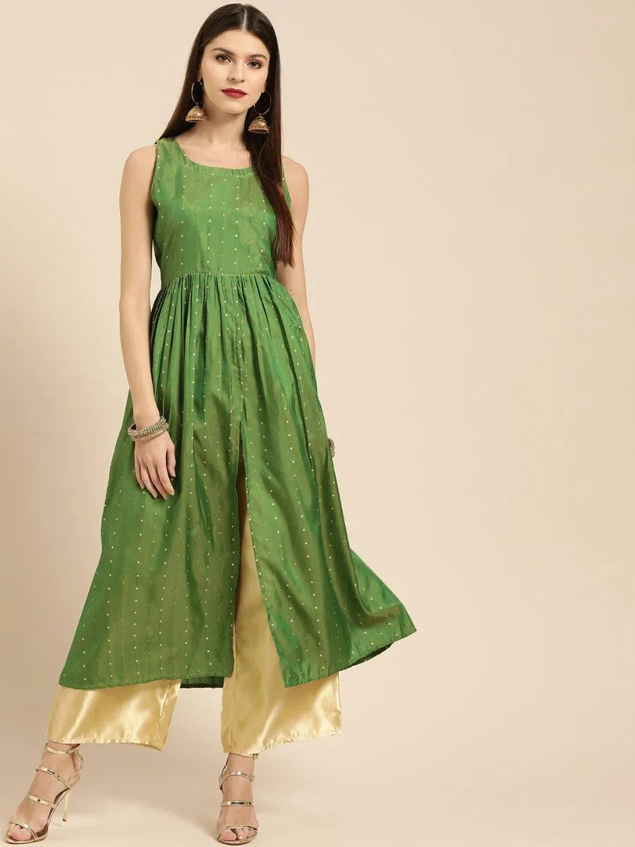 Green Zari Work Chanderi Kurta Set - Jashvi