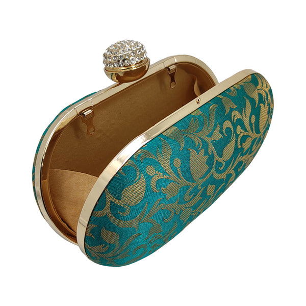 Women's Blue Color Ethnique Brocade Clutch Bag - VASTANS