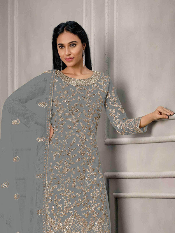 Women's Grey Butterfly Net Embroidered Kurta Set - Odette