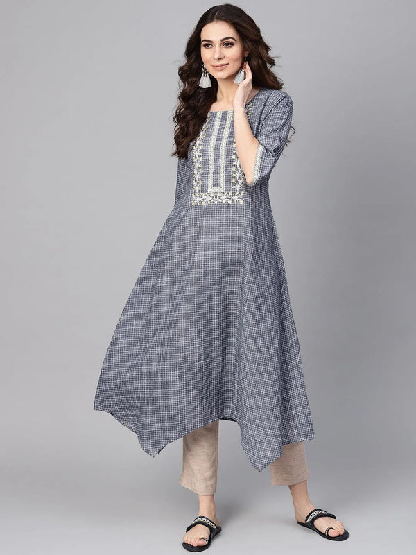 Grey Checkered Cotton Kurta - Jashvi