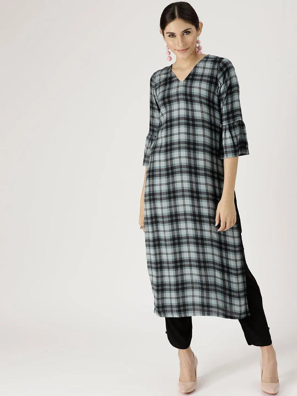 Grey Checkered Rayon Kurta Set - Jashvi