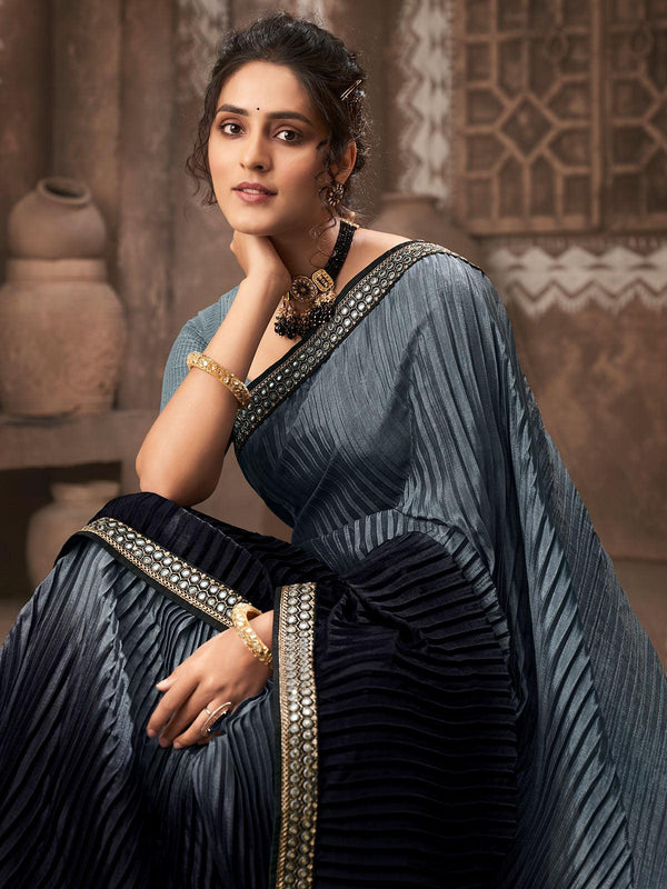 Women's Grey Chinon Crush Heavy Embroidery Saree - Odette