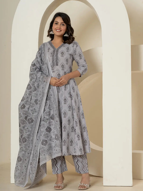 Grey Cotton Ethnic Motifs Kurta Duppta Set