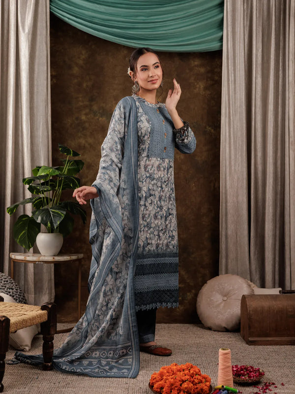 Grey Cotton Schiffli Kurta Dupatta Set With Lace Detailing