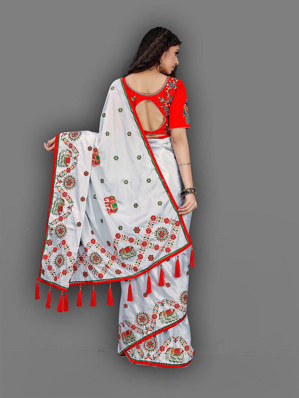 Women's Grey Crepe Silk Heavy Embroidery Saree - Odette