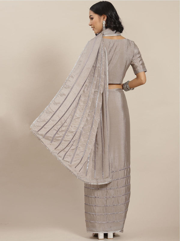 Women's Grey Elegant Mirror Work Saree - Odette