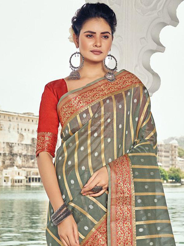 Women's Grey Elegantly Woven Organza Saree - Odette