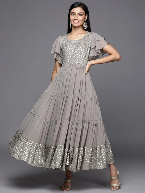 Grey Embellished Georgette Fit and Flare Dress - Jashvi