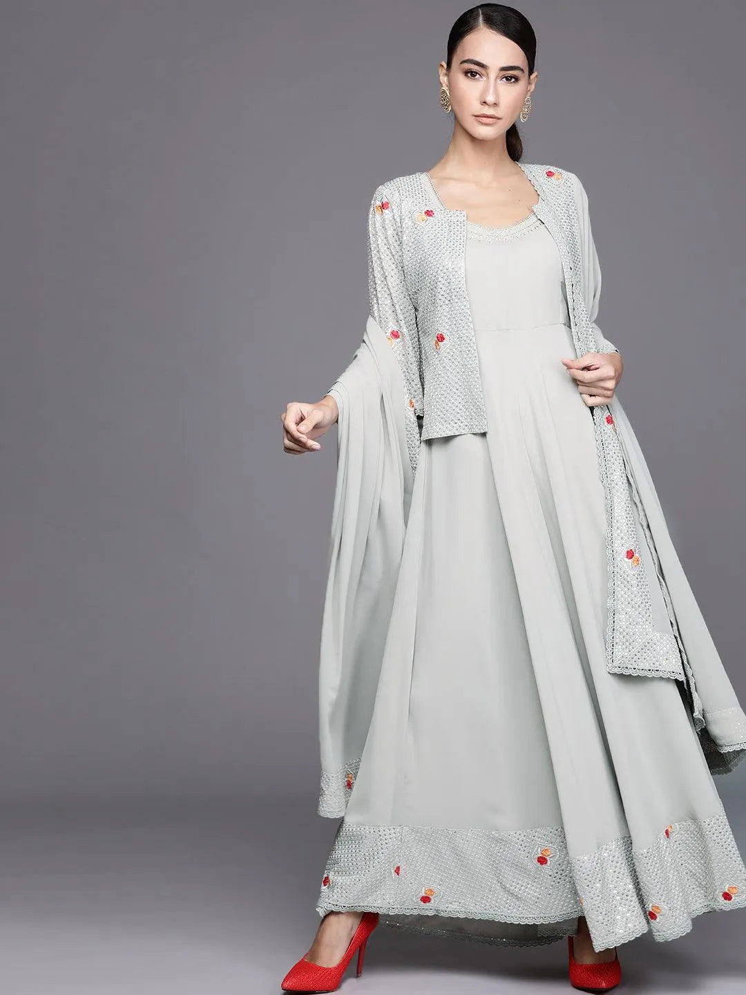 Grey Embellished Georgette Jacket Dress With Dupatta - Jashvi