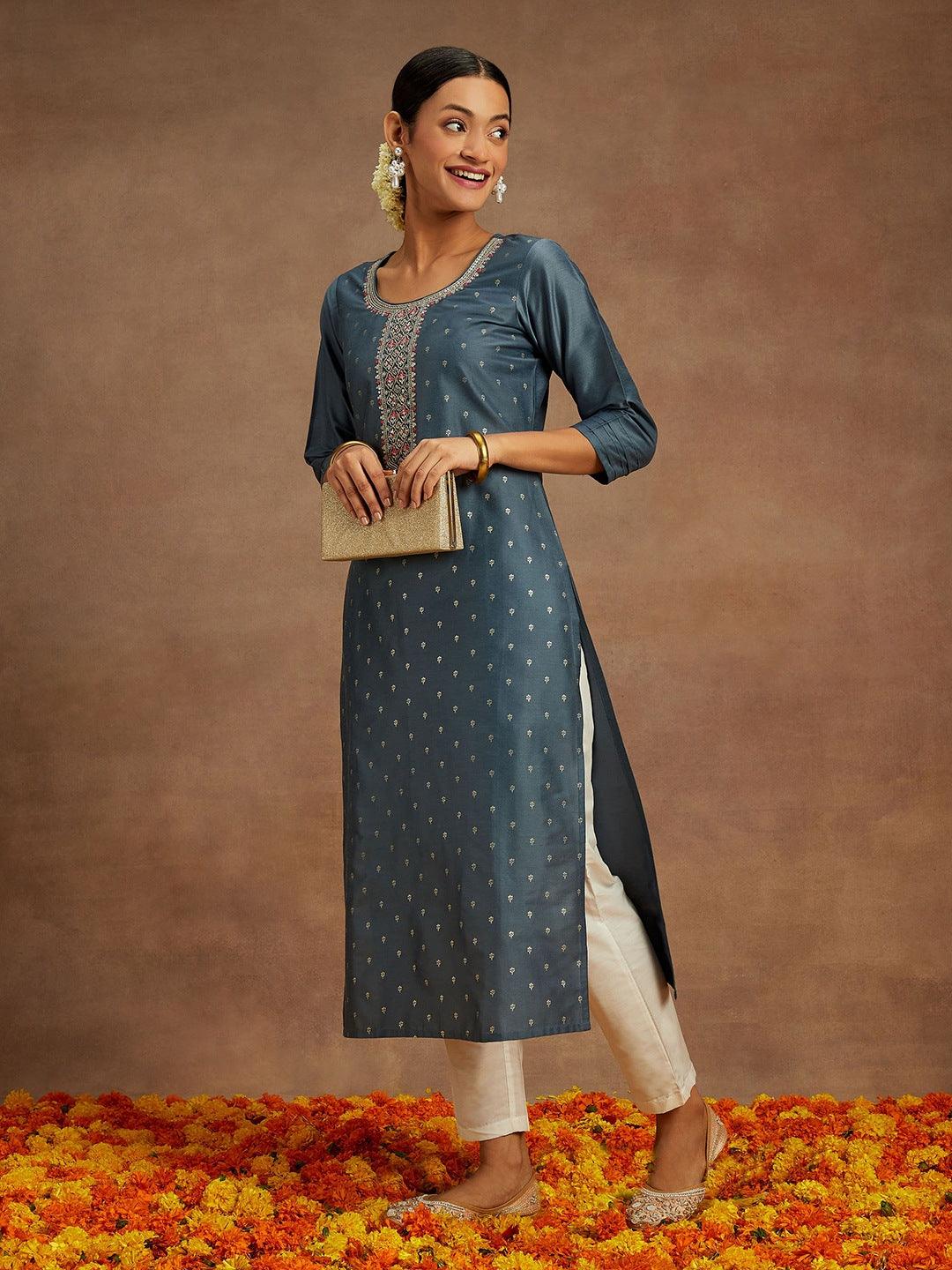 Grey Embroidered Chanderi Silk Straight Kurta - Jashvi