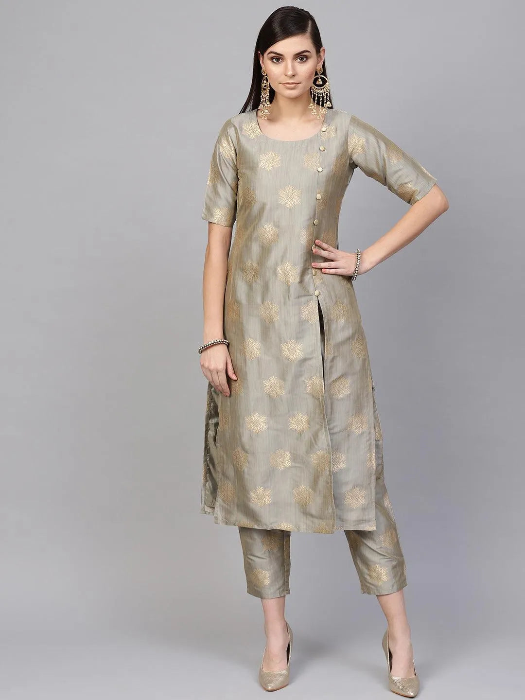 Grey Embroidered Chanderi Kurta Set - Jashvi