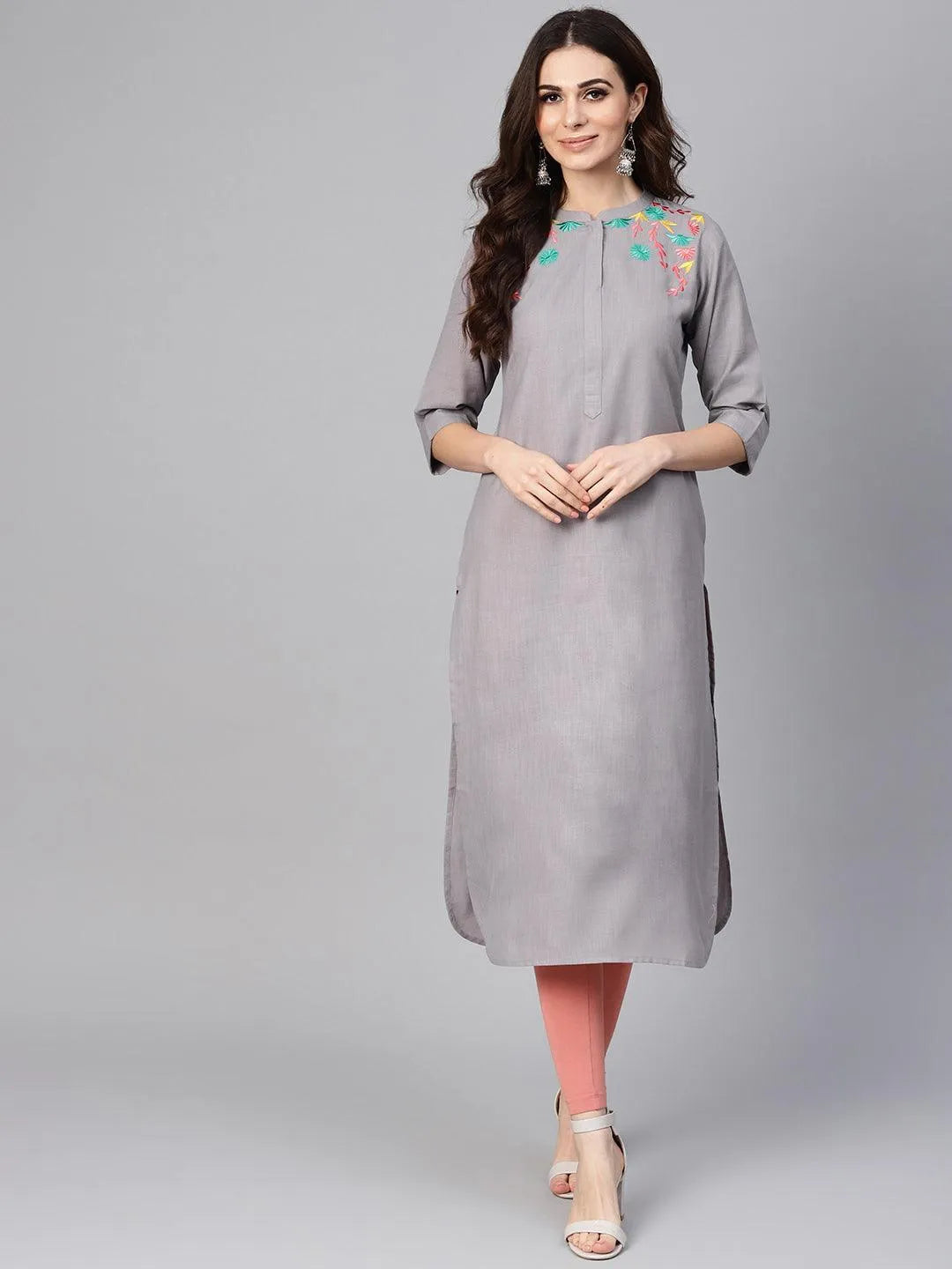 Grey Embroidered Cotton Kurta - Jashvi