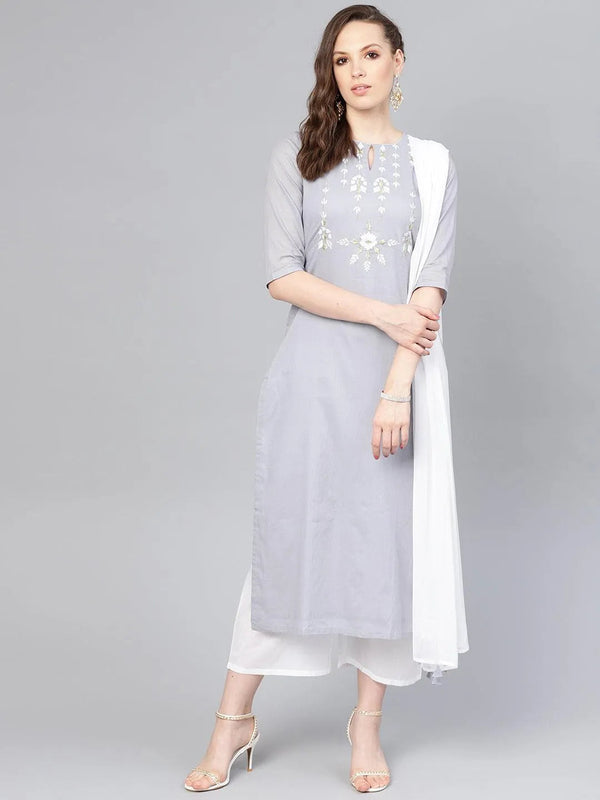 Grey Embroidered Cotton Suit Set - Jashvi