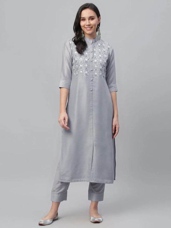 Grey Embroidered Crepe Kurta - Jashvi