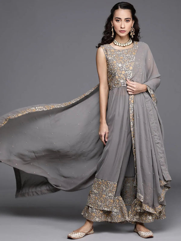 Grey Embroidered Georgette Suit Set - Jashvi