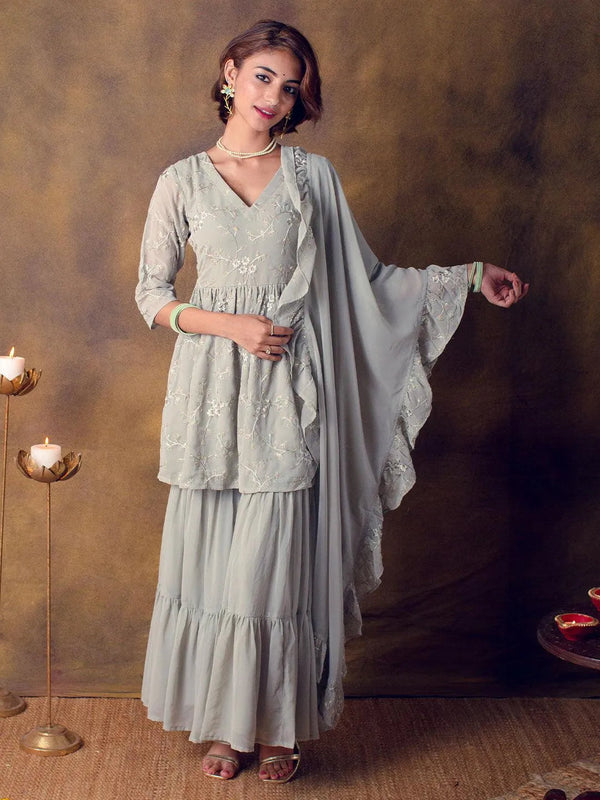 Grey Embroidered Georgette Suit Set - Jashvi