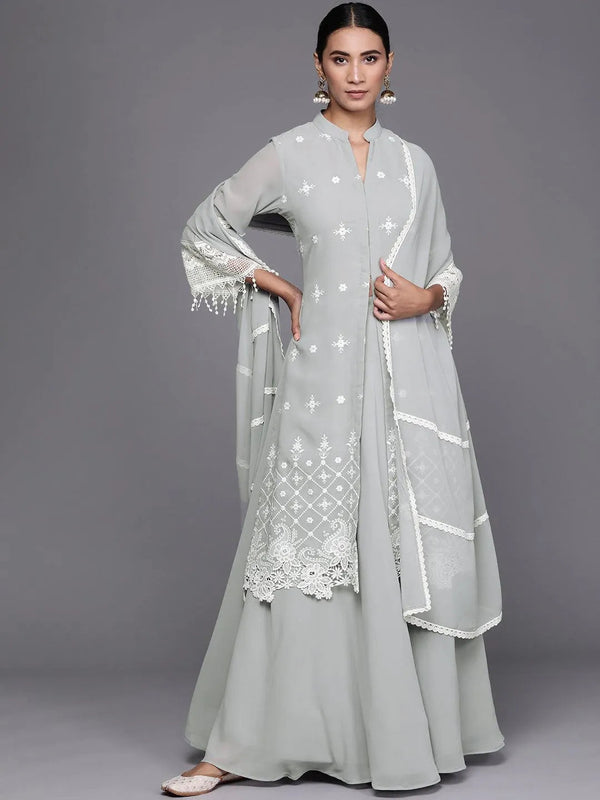 Grey Embroidered Georgette Suit Set - Jashvi