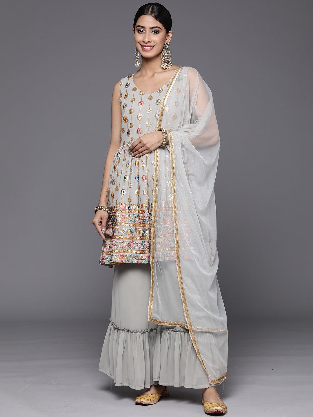 Grey Embroidered Georgette A-Line Suit Set With Palazzos - Jashvi