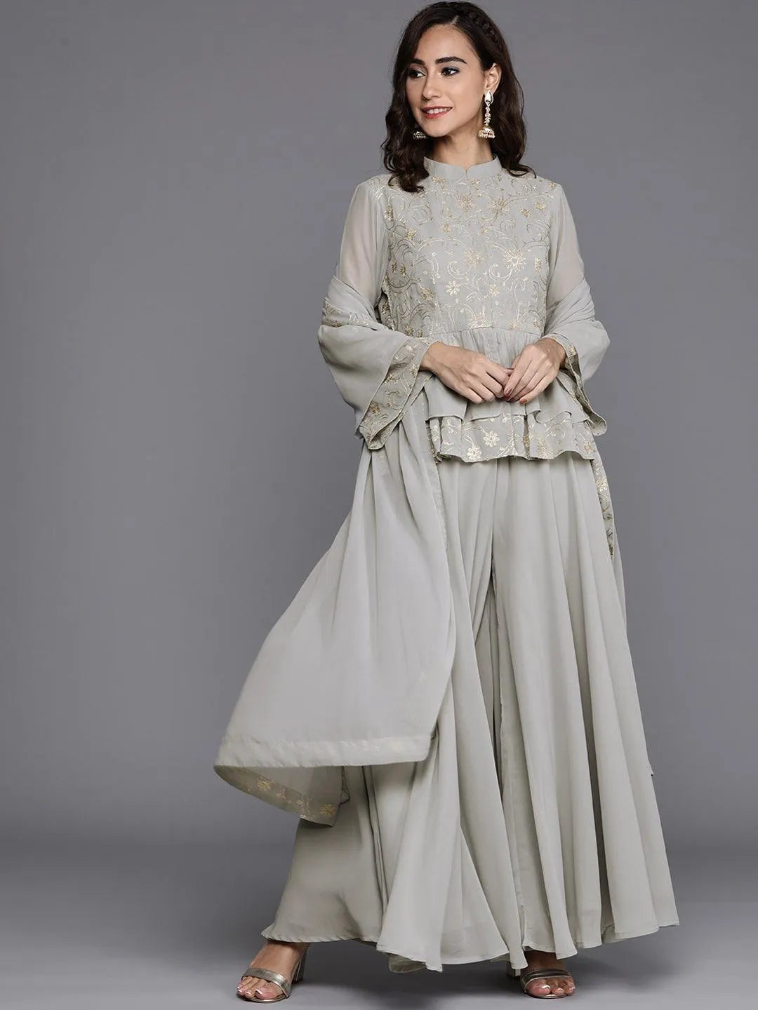 Grey Embroidered Georgette Suit Set - Jashvi