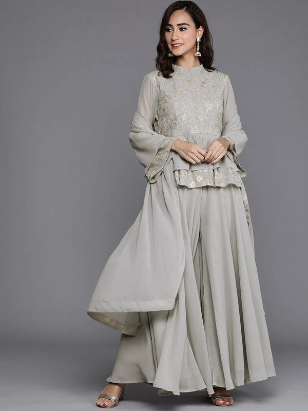 Grey Embroidered Georgette Suit Set - Jashvi