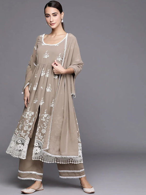 Grey Embroidered Georgette Suit Set - Jashvi