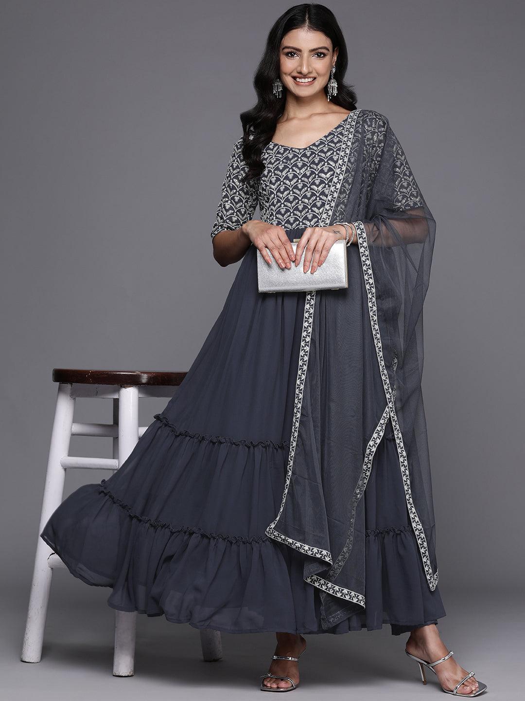 Grey Embroidered Georgette Anarkali Kurta With Trousers & Dupatta - Jashvi