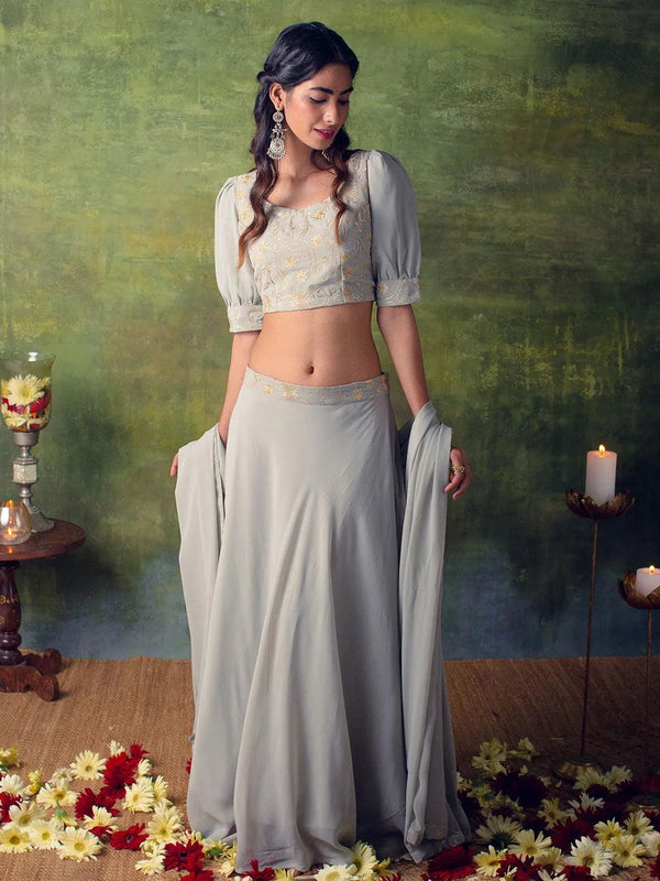 Grey Embroidered Georgette Lehenga Set - Jashvi