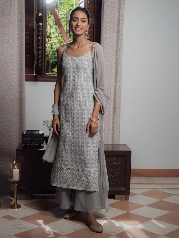 Grey Embroidered Georgette Suit Set - Jashvi