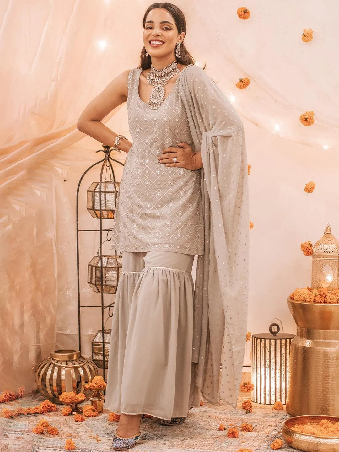 Grey Embroidered Georgette Suit Set - Jashvi