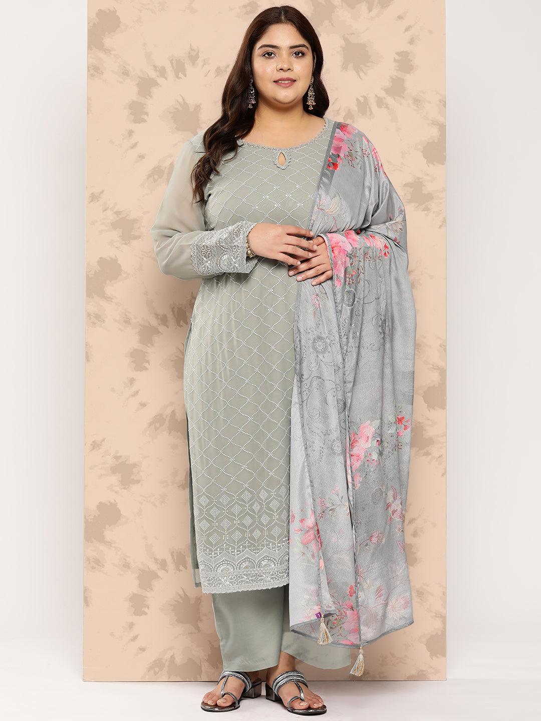 Grey Embroidered Georgette Straight Kurta With Trousers and Dupatta - Jashvi