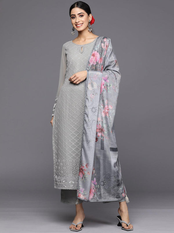 Grey Embroidered Georgette Straight Suit Set With Trousers - Jashvi