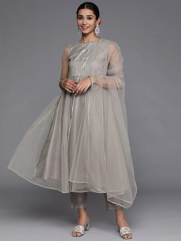 Grey Embroidered Net Anarkali Suit Set With Trousers - Jashvi