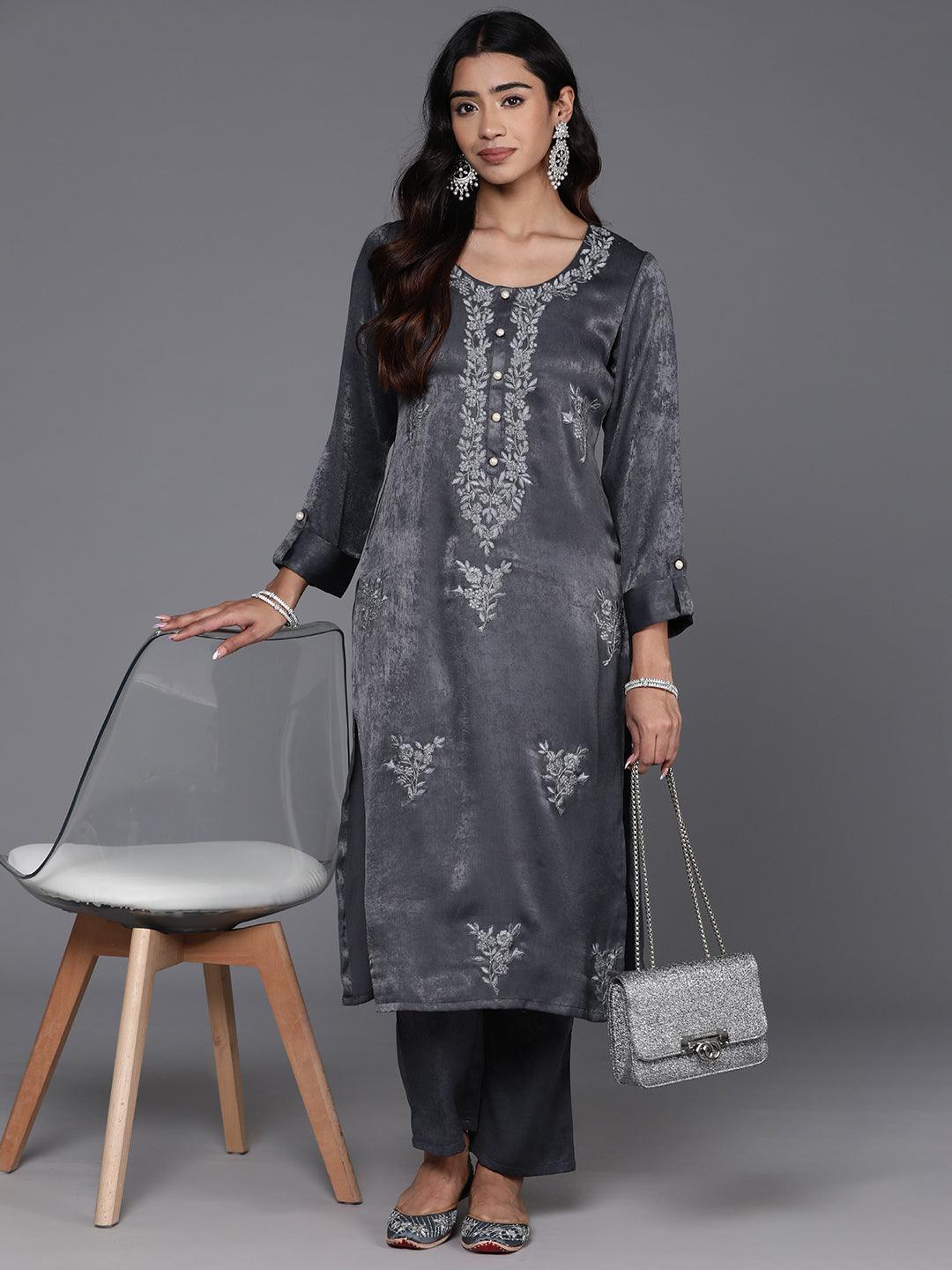 Grey Embroidered Polyester Straight Kurta With Trousers - Jashvi